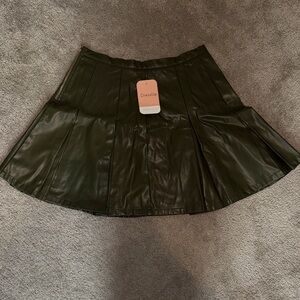 Chic Olive Green Leather Like Skater Skirt